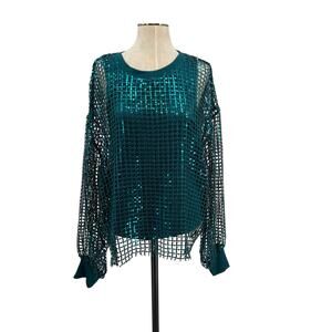 Anthropologie Pilcro Sequin Mesh Shine Top Teal Blue Long Sleeve XL Party